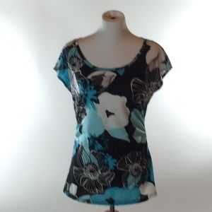 NY&Co women's med teal, black, floral linen look T